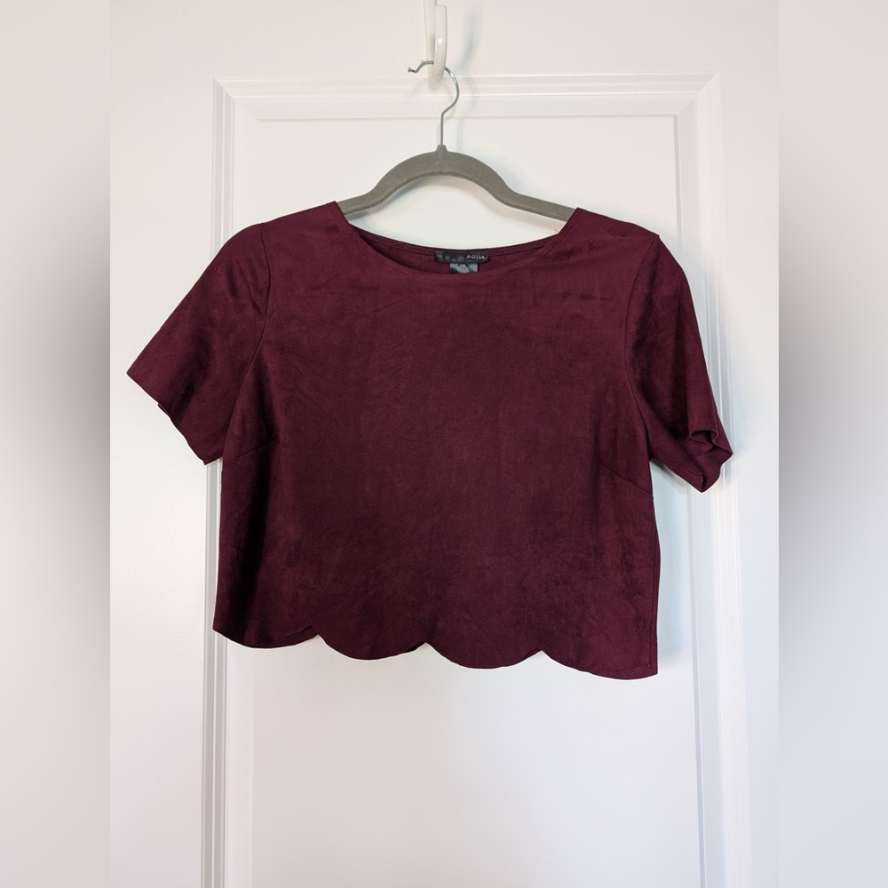 Aqua Faux Suede Wine Scallop Edge Crop Top Size Medium